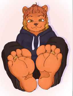 anthro bottomwear claws clothed clothing digit_ring feet foot_fetish foot_focus hoodie jewelry looking_at_viewer male pants piercing ring simple_background sitting smug_face solo toe_claws toe_ring toes topwear the_g0lden_0ne goldi_(the_g0lden_0ne) mammal mustelid otter shaded simple_shading