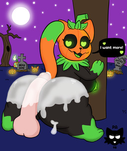 after_sex anthro big_butt bodily_fluids breasts butt cum dead_tree disembodied_penis female food fruit genital_fluids genitals glowing glowing_eyes glowing_genitalia glowing_nipples grass holidays huge_butt humanoid_genitalia humanoid_penis male night nipples nude penis plant pumpkin tail tombstone tree paladyart98 halloween pumkat domestic_cat felid feline felis mammal absurd_res hi_res