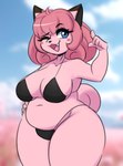 anthro big_breasts bikini black_bikini black_clothing black_swimwear blue_eyes breasts clothed clothing eyebrows eyelashes female hair hand_on_hip looking_at_viewer one_eye_closed open_mouth pink_body pink_hair skimpy slightly_chubby slightly_chubby_anthro slightly_chubby_female solo swimwear thick_thighs two-piece_swimsuit wide_hips wink i_am_kat95 nintendo pokemon clefairy generation_1_pokemon pokemon_(species) 2024 hi_res