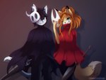 2023 anthro arthropod breasts canid canine canis cloak clothed clothing cosplay digital_media_(artwork) domestic_cat duo eipril elisabeth_(eipril) felid feline felis female fox hair halloween hi_res holidays hollow_knight hornet_(hollow_knight) insect male mammal mask melee_weapon rouen_(eipril) silksong sword team_cherry weapon widescreen