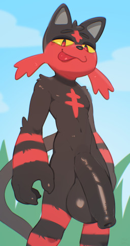 anthro anthrofied balls big_balls big_penis black_balls black_body black_foreskin black_fur black_penis butt cheek_tuft erection facial_tuft flaccid foreskin fur genitals half-erect huge_balls huge_penis huge_thighs humanoid_genitalia humanoid_penis licking licking_lips licking_own_lips long_foreskin looking_at_viewer male multicolored_body multicolored_fur narrowed_eyes nude open_mouth penis pokemorph red_body red_eyes red_fur simple_background small_but_hung smile solo standing tail thick_thighs tongue tongue_out tuft two_tone_body two_tone_fur unretracted_foreskin yellow_sclera meatshaq nintendo pokemon felid feline felis generation_7_pokemon litten mammal pokemon_(species) 2026 colored digital_drawing_(artwork) digital_media_(artwork) hi_res shaded