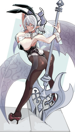 axe big_breasts big_butt blush breasts bunny_costume butt clothing costume fake_ears fake_rabbit_ears female grey_eyes hair heart_symbol horn huge_breasts legwear pantyhose pose short_hair solo spread_wings white_hair wings kuba_(pixiv) konami yu-gi-oh! lovely_labrynth_of_the_silver_castle demon demon_humanoid humanoid absurd_res hi_res pinup