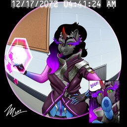 anthro anthrofied black_hair boop clothing crossgender crown eye_mist female hair headgear horn red_eyes solo technology amara_burrger blizzard_entertainment friendship_is_magic hasbro my_little_pony mythology overwatch king_sombra_(mlp) sombra_(overwatch) equid equine mammal mythological_creature mythological_equine unicorn 2017 hi_res