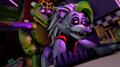 anthro bent_over_table female green_body grey_body inside lipstick machine makeup male male/female orange_eyes purple_lipstick red_eyes krystals_(artist) five_nights_at_freddy's five_nights_at_freddy's:_security_breach scottgames steel_wool_studios montgomery_gator roxanne_wolf alligator alligatorid animatronic canid canine canis crocodilian mammal reptile robot scalie wolf 16:9 3d_(artwork) 4k absurd_res digital_media_(artwork) hi_res huge_filesize source_filmmaker_(artwork) widescreen