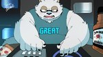 accuracy_judgement anthro biped black_nose clothing detailed_background eyewear food glasses humanoid_hands inside kemono male overweight overweight_male pizza pizza_slice rhythm_game shirt solo text topwear uokkom beatmania beatmania_iidx bemani konami goro_kaneda bear mammal 16:9 2022 4k absurd_res hi_res widescreen