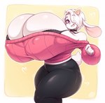 2_horns 5_fingers anthro big_breasts biped black_clothing bottomwear bra breasts clothed clothing eyebrows eyelashes female fingers fur hair hair_over_eye horn huge_breasts hyper hyper_breasts nipple_outline open_mouth pants pupils short_tail smile solo tail text thick_thighs three-quarter_view underwear white_body white_hair secretly_saucy bovid caprine goat mammal 2025 artist_name digital_media_(artwork) hi_res url
