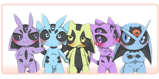 3_eyes 4_eyes anthro balls black_sclera blue_body blush crossed_arms flaccid foreskin genitals gesture green_body group hand_gesture hand_holding horn looking_aside looking_at_viewer male male/male markings multi_eye navel penis pointing purple_body shota simple_background small_penis smile young young_anthro doneru c_(doneru) d_(doneru) i_(doneru) l_(doneru) v_(doneru) alien