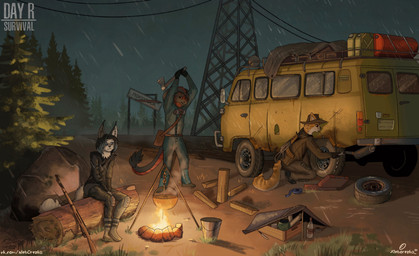 anthro axe bonfire breaking car cooking female gas_mask group gun male mask raining ranged_weapon rifle survival text vehicle weapon xleb0rezka day_r uaz domestic_cat felid feline felis lynx mammal 2022 digital_media_(artwork) english_text hi_res url