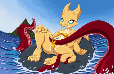 bikini bikini_bottom bikini_top breasts claws clothing clothing_pull female genitals gold_bikini horn inflatable inner_tube navel non-mammal_breasts non-mammal_navel scales scar sea small_breasts solo swimwear swimwear_pull teal_eyes teal_tongue tentacles thick_thighs tongue tongue_out two-piece_swimsuit ventral_scales vulva water wide_hips yellow_body yellow_horn fuzzycogs golden_week ketra_(tiik) kobold scalie absurd_res hi_res