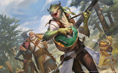 anthro beard belt bottomwear clothing cloud day detailed_background dutch_angle eyes_closed facial_hair female forest green_body green_scales group hat headgear headwear holding_lute horn loose_feather male outside pants plant playing_lute scales smile tree white_beard white_facial_hair rudy_siswanto dungeons_and_dragons hasbro magic:_the_gathering mythology wizards_of_the_coast amphibian dragon dragonborn_(dnd) frog human mammal mythological_creature mythological_scalie scalie tiefling 2021 digital_media_(artwork) hi_res official_art