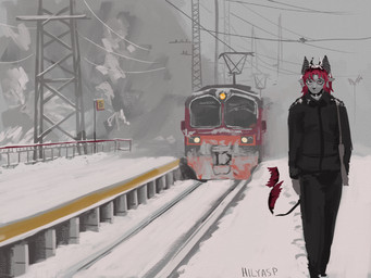2_horns anthro black_clothing black_horn bottomwear clothed clothing detailed_background ear_piercing female fully_clothed fur grey_body hair horn jacket looking_at_viewer outside pants piercing red_hair snow solo tail tail_tuft topwear train tuft vehicle walking winter hilyasp bat mammal 4:3 absurd_res detailed digital_media_(artwork) digital_painting_(artwork) hi_res painting_(artwork) signature