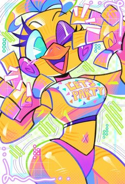 anthro bib clothing female gesture hand_gesture machine navel one_eye_closed panties pink_clothing pink_panties pink_underwear pose solo underwear v_sign wink m_d00dles five_nights_at_freddy's five_nights_at_freddy's_2 scottgames toy_chica_(fnaf) animatronic avian bird chicken galliform phasianid robot robot_anthro 2026 digital_media_(artwork) hi_res