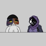 anthro areola beanie blush breasts clothing duo exposed_breasts eye_scar facial_scar female female/female fur hat headgear headwear hood nipples purple_body scar shadow_face simple_background smile kat3784 epic_games fortnite meow_skulls raven_team_leader bear calico_cat domestic_cat felid feline felis mammal 1:1