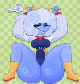 belt big_butt blue_clothing blue_eyes blue_leotard boots bottom_heavy breasts butt butt_from_the_front camel_toe checkered checkered_background clothing female footwear green_background hair huge_butt leotard looking_at_viewer lying on_back pattern_background pointy_nose shoes simple_background smile solo spread_legs spreading thick_thighs white_hair wide_hips yellow_boots yellow_clothing yellow_footwear fromariels deltarune toby_fox_(copyright) undertale_(series) elnina_(deltarune) darkner elemental_creature elemental_humanoid humanoid hi_res