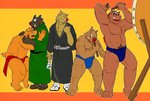 anthro asian_clothing black_body black_fur brown_body brown_fur clothing drum east_asian_clothing eyes_closed fundoshi fur group humanoid_hands japanese_clothing kemono male musical_instrument overweight overweight_male percussion_instrument simple_background taiko_drum underwear himachi mammal suid suina sus_(pig) wild_boar 2007