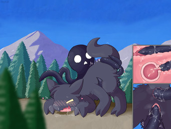 2_toes 6_legs anal anal_penetration black_body black_fur blush blush_lines bodily_fluids butt cum cum_inside duo ejaculation feet female female_penetrated feral forest fur genital_fluids genitals heart_symbol internal macro male male/female mountain penetration plant sky tail tentacle_penetration tentacles toes tree yellow_eyes pogadc trevor_henderson cryptid 4:3 hi_res