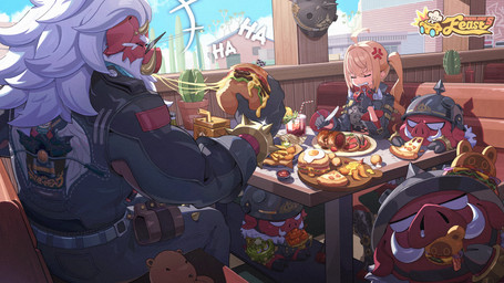 ahoge angry animal_mask belt black_clothing black_gloves black_handwear black_hat black_headwear black_jacket black_topwear blonde_hair bracelet burger cactus clothing cutlery eating egg eyes_closed female food gloves hair handwear hat headgear headwear horn jacket jewelry kitchen_utensils larger_male laughing_at_another leather leather_clothing leather_jacket leather_topwear long_hair male mask meat mouth_mask pizza plant ponytail side_ponytail sitting size_difference spiked_bracelet spikes tools topwear white_eyes white_hair young young_female hyny mihoyo zenless_zone_zero big_daddy_(zenless_zone_zero) luciana_de_montefio animal_humanoid bangboo boar_humanoid human humanoid mammal mammal_humanoid suid suid_humanoid suine suine_humanoid 16:9 4k absurd_res hi_res widescreen