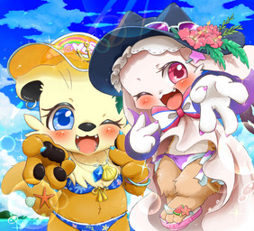 4_fingers alternative_fashion anthro beach bikini blue_clothing blue_eyes blue_swimwear blush bow_(feature) brown_body brown_fur bubble claws clothed clothing cloud duo ear_piercing ear_ring eyewear fangs feet female fingers flower footwear fur hat headgear headwear jewelry looking_at_viewer navel necklace one_eye_closed open_mouth outside pawpads paws piercing pink_clothing pink_eyes plant purple_clothing red_eyes ribbons ring ring_piercing sandals seaside shoes sky smile swimwear tan_body teeth toes tongue two-piece_swimsuit water white_body wink witch_hat nakanishi023 aquatic asterozoan echinoderm lagomorph leporid mammal mustelid musteline otter rabbit sea_otter starfish 2024 hi_res
