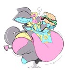 anthro belly big_belly big_butt big_food burger butt clothed clothing eating exposed_belly food fur hair hooves horn male obese overweight overweight_anthro pink_body shirt simple_background sitting solo tail thick_thighs topwear weight_gain wide_hips yellow_eyes boot_(artist) boot_(character) bat mammal