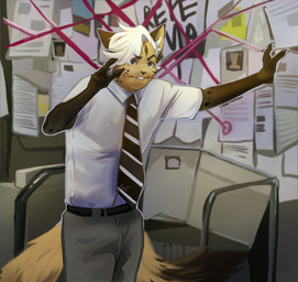 2_tails angry anthro background_text belt black_belt black_ears black_facial_markings black_hands black_spots bottomwear clothed clothing collared_shirt conspiracy_board detailed_background dress_pants facial_markings fluffy fluffy_tail fur gradient_fur grey_bottomwear grey_clothing grey_pants hair hands_open head_markings inner_ear_fluff male markings multi_tail necktie pants paper pattern_necktie raised_arms shirt shirt_tucked_in solo spots standing striped_necktie tail tan_body tan_fur topwear tuft white_hair white_inner_ear_fluff rustyruu it's_always_sunny_in_philadelphia pepe_silvia_(meme) toasterstein felid feline mammal colored hi_res meme shaded