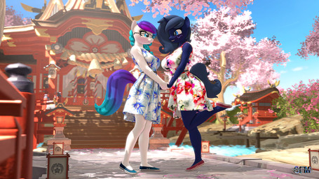 anthro bent_leg blue_body blue_eyes blue_hair blue_tail cherry_blossom cherry_blossom_tree cherry_tree clothing dress duo eyewear female female/female flower footwear fruit_tree glasses hair hand_holding horn japanese multicolored_hair plant prunus_(flower) purple_hair purple_tail shoes tail tree two_tone_hair two_tone_tail anthroponiessfm hasbro my_little_pony mythology aurora_starling fan_character midnight_music earth_pony equid equine horse mammal mythological_creature mythological_equine pony unicorn 16:9 3d_(artwork) digital_media_(artwork) hi_res source_filmmaker_(artwork) widescreen
