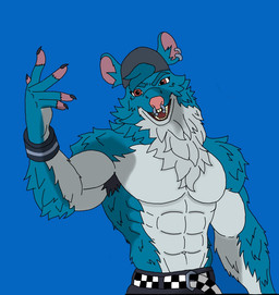 anthro armpit_hair blue_body blue_fur body_hair checkered checkered_clothing clothing facial_piercing fur hat headgear headwear male muscular muscular_male nose_piercing nose_ring pattern_clothing piercing ring_piercing solo wristband jagerwolf12 epic_games fortnite kd_rattical_(fortnite) mammal murid murine rat rodent