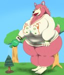 anthro big_breasts breasts female fur huge_breasts huge_hips pink_body pink_fur plant solo sweater_dress tree watering_can wide_hips alythewolfcat animal_crossing nintendo freya_(animal_crossing) canid canine canis mammal wolf hi_res