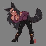 animal_ears bent_over black_body black_boots black_bottomwear black_clothing black_ears black_eyebrows black_footwear black_fur black_hair black_inner_ear_fluff black_pants black_tail boots bottomwear breasts butt butt_from_the_front cleavage clothed clothed_female clothed_humanoid clothing eye_through_hair eyebrows female female_humanoid footwear front_view fully_clothed fully_clothed_female fully_clothed_humanoid fur grey_background hair hand_on_hip high_heeled_boots high_heels inner_ear_fluff pants parted_hair raised_eyebrow shirt shoes simple_background smile solo tail tan_body tan_skin topwear translucent translucent_hair tuft derpyfox_36 animal_humanoid canid canid_humanoid canine canine_humanoid humanoid mammal mammal_humanoid 2023 absurd_res digital_drawing_(artwork) digital_media_(artwork) full-length_portrait hi_res portrait
