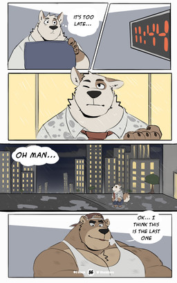 anthro areola barazoku belly biceps biped black_eyes bottomwear brown_body city cityscape clock clothed clothing deltoids dialogue duo fingers forearm_muscles fully_clothed fur hair inside interspecies male multicolored_body multicolored_fur musclegut muscular muscular_anthro muscular_male neutral_expression obliques outside overweight overweight_anthro overweight_male pecs pivoted_ears quads raining simple_background solo_in_panel speech_bubble stocky text toony triceps tuft vitashi bear canid canine canis domestic_dog mammal ursine 2024 absurd_res comic digital_media_(artwork) english_text hi_res multiple_scenes sequence