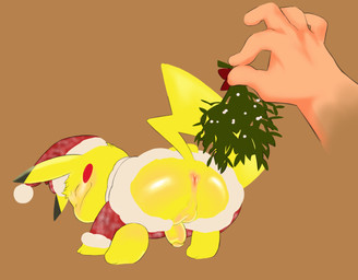 butt clothing costume duo genitals imminent_sex male mistletoe penis plant solo heardnoevil nintendo pokemon generation_1_pokemon human mammal pikachu pokemon_(species)