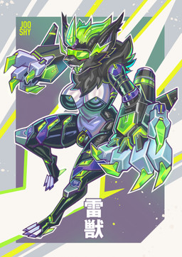 alternate_species anthro big_breasts black_body black_bra black_clothing black_fur black_underwear bra breasts chastity_cage chastity_device clothing cybernetic_arm cybernetic_leg cybernetic_limb cybernetics fur green_hair gynomorph hair intersex lock_symbol machine multicolored_body multicolored_fur neck_tuft open_mouth solo text tuft two_tone_body two_tone_fur underwear visor white_body white_fur jooshy nintendo pokemon dreik_(drakeraynier) cyborg felid feline generation_7_pokemon legendary_pokemon mammal pokemon_(species) zeraora 2026 digital_drawing_(artwork) digital_media_(artwork) hi_res japanese_text translation_request