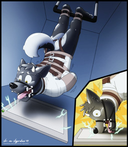 anthro barefoot bdsm black_nose bondage bound clothed clothing collar cuff_(restraint) dungeon electricity electrostimulation feet fully_bound gag gagged glistening horn latex male muzzle_(object) muzzled open_mouth plantigrade predicament_bondage prisoner pupils restrained restraints ring_gag shackles simple_background solo straitjacket submissive submissive_male suspension tongue tongue_out yellow_eyes yellow_pupils vir-no-vigoratus foople canid canine canis domestic_dog husky mammal nordic_sled_dog spitz 2017 digital_drawing_(artwork) digital_media_(artwork)