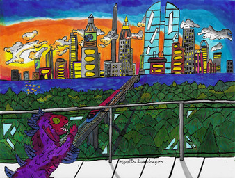 ambiguous_gender blue_body blue_feathers city cityscape cloud detailed_background feathers feral green_eyes public public_transportation purple_body purple_feathers red_body red_scales scales solo sunset toony train vehicle miguel_the_divine_dragon dragonscape mythology dragon drekir mythological_creature mythological_scalie scalie 2025 absurd_res detailed hi_res traditional_media_(artwork)