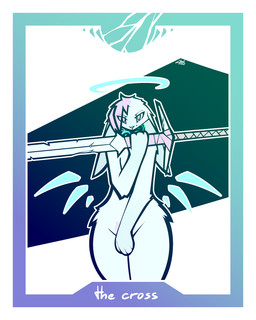 4_fingers abstract_background anthro card collar collar_only covering covering_crotch covering_self eyeshadow fingers floppy_ears hair halo hip_fluff holding_melee_weapon holding_object holding_sword holding_weapon looking_at_viewer makeup male markings melee_weapon mole_(marking) nude pink_hair sword tarot tarot_card thick_thighs weapon wings womb_tattoo zweihander conditional_dnp lodi_(artist) mizzel_(lodi) lagomorph leporid mammal rabbit absurd_res hi_res restricted_palette signature