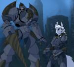 anthro boob_armor braided_hair celtic_knot drill drill_arm duo fur glowing glowing_eyes grey_body hair machine markings mecha melee_weapon purple_eyes weapon white_body white_fur white_hair akella ylva canid canine canis domestic_dog hybrid mammal robot wolf absurd_res hi_res