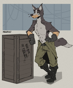 anthro arm_support athletic athletic_anthro athletic_male belt belt_buckle boots bored bottomwear box buckle clothed clothing combat_boots container ears_up featureless_chest fluffy fluffy_tail footwear gloves half-closed_eyes hand_on_hip handwear jacket leaning leaning_on_box leaning_on_elbow leaning_on_object looking_forward male male_anthro military military_clothing military_jacket military_pants narrowed_eyes pants shoes solo tail text text_on_box topless topless_anthro topless_male topwear wearing_gloves mawkvlt brazilian_dawg_(ricthecusco) 5:6 hi_res