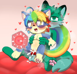 adult_on_young age_difference animal_genitalia animal_penis anthro balls bed belly biped black_nose blue_body blue_fur blush blush_lines bodily_fluids breasts canine_genitalia canine_penis cum cum_in_vagina cum_inside cum_on_bedding cutaway duo ejaculation erection female fleshlight_position fur furniture genital_fluids genitals green_balls green_body green_eyes green_fur green_hair green_tail hair heart_symbol holding_another holding_waist impregnation internal knot lifted looking_pleasured male male/female multicolored_hair multicolored_tail on_bed open_mouth ovum pawpads paws penis rainbow_hair rainbow_tail red_bed sex sitting sitting_on_bed size_difference sperm_cell tail tail_around_partner teeth tongue_showing vaginal vulva white_belly yellow_eyes young conditional_dnp frchpk minia_(augustus) canid canine fox mammal rodent sciurid tree_squirrel 2025 shaded