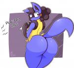 anthro bedroom_eyes big_breasts big_butt black_body black_fur black_hair blue_body blue_fur breasts butt controller eyewear female freckles fur game_controller glasses hair half-closed_eyes looking_back narrowed_eyes nerd nude seductive simple_background solo text thick_thighs yellow_body yellow_fur thegentlebro nintendo pokemon nerdcario canid canine generation_4_pokemon lucario mammal pokemon_(species) 2018 digital_media_(artwork) english_text