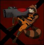 2014 anthro cevelt clothing fur guardians_of_the_galaxy hi_res holding_object holding_weapon male mammal marvel procyonid raccoon ranged_weapon rocket_raccoon solo weapon