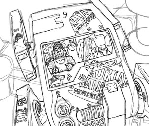 ambiguous_gender anthro candy dessert driving flying_vehicle food gun ranged_weapon solo vehicle weapon ya_be4 canid mammal monochrome unfinished