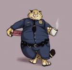 anthro barefoot belt biped clothed clothing countershading feet male overweight overweight_anthro overweight_male police police_uniform solo uniform mintyderg disney zootopia benjamin_clawhauser cheetah felid feline mammal