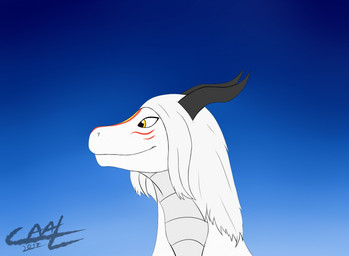 black_horn blue_background female feral hair horn multicolored_body simple_background solo white_body white_hair yellow_eyes gabriel1393 mythology dragon mythological_creature mythological_scalie scalie 2017