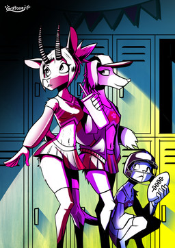 anthro ball beverage biped bottomwear breasts cheerleader cheerleader_outfit clothed clothed_anthro clothed_female clothing crop_top crouching female female_anthro floppy_ears football_helmet group hair hat headgear headwear holding_ball holding_object horn legwear light locker midriff navel school scut_tail shadow shirt short_hair short_tail skirt small_breasts standing stockings tail thick_thighs topwear trio wide_hips gatonejo antelope bovid canid canine canis domestic_cat domestic_dog felid feline felis gazelle mammal 2025 absurd_res digital_drawing_(artwork) digital_media_(artwork) hi_res signature