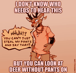 anthro antlers balls blush bottomless bottomless_anthro bottomless_male caption chain chain_necklace clenched_teeth clothed clothing clothing_theft dialogue ear_twitch eyebrows flaccid flustered forced foreskin fur genitals hand_on_hip horn humanoid_genitalia humanoid_penis humor jewelry looking_down male motion_blur motion_lines necklace penis questionable_consent secretly_loves_it shirt simple_background smile solo speech_bubble standing stealing surprised tail tail_motion tailwag tan_background teeth text the_truth topwear tuft unretracted_foreskin lawyerdog panko_(lawyerdog) deer mammal 2025 english_text impact_(font) meme restricted_palette url