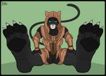 4_toes anthro black_body black_border black_fur blue_eyes border claws clothed clothing feet female foot_fetish foot_focus fur hood looking_at_viewer pawpads paws smile soles solo tail toes white_body white_fur davdav107 microsoft the_elder_scrolls the_elder_scrolls_online khamira felid feline khajiit mammal absurd_res hi_res