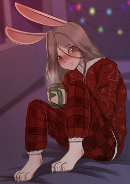 4_toes anthro beverage blush candy chocolate christmas_decorations christmas_lights container cup dessert feet female food fur grey_hair hair holidays hot_chocolate nails red_eyes smile solo toes white_body white_fur yourumi christmas mieri_(yourumi) lagomorph leporid mammal rabbit hi_res