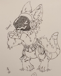 ambiguous_gender anthro big_ears claws clean_diaper diaper floppy_disk fluffly fluffy_fur machine protogen_face protogen_visor solo standing young young_anthro brevity protogen hi_res monochrome traditional_media_(artwork)