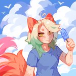 blonde_hair blue_clothing blue_shirt blue_sky blue_t-shirt blue_topwear clothed clothing cloud female food front_view green_hair hair holding_food holding_object holding_popsicle mouth_closed multicolored_hair orange_tail pink_tail popsicle red_ears red_tail shirt sky solo t-shirt tail tan_body tan_skin topwear two_tone_hair yellow_eyes corzh77 ambient_bird humanoid 1:1 absurd_res half-length_portrait hi_res portrait