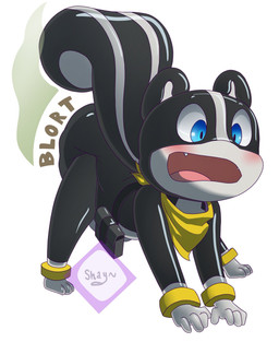 all_fours anthro blush bodily_noises clothed clothing diaper diaper_under_clothing feces front_view male pooping soiled_diaper soiling soiling_diaper solo unclean_diaper used_diaper using_diaper wearing_diaper shayshay~ atlus megami_tensei persona_(series) persona_5 sega morgana_(persona) domestic_cat felid feline felis mammal mephitid skunk hi_res