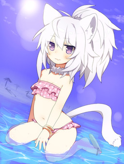 bandeau_bikini beach bikini blush bracelet clothing collar female fur hair jewelry looking_at_viewer midriff navel seaside solo sun swimwear two-piece_swimsuit water white_body white_fur white_hair young mofuaki animal_humanoid cat_humanoid felid felid_humanoid feline feline_humanoid humanoid mammal mammal_humanoid 2015